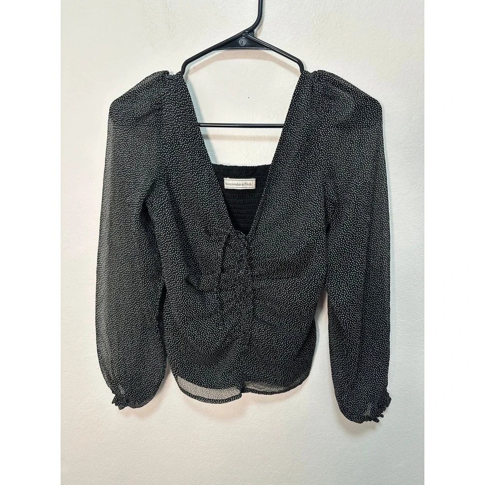 Abercrombie Fitch‎ Black White Polka Dot Ruched V Neck Long Sleeve Crop Top